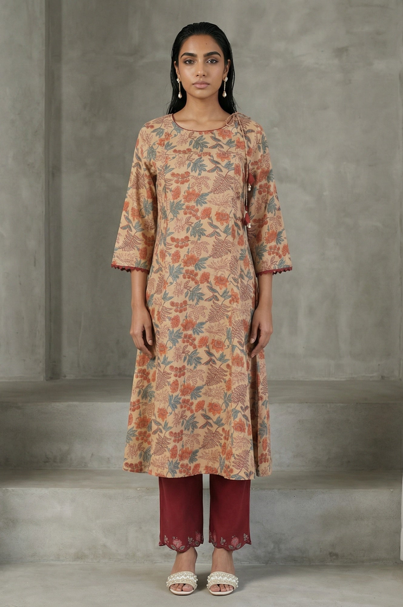 Beige Block Printed Tassel Pure Cotton A-line Kurta