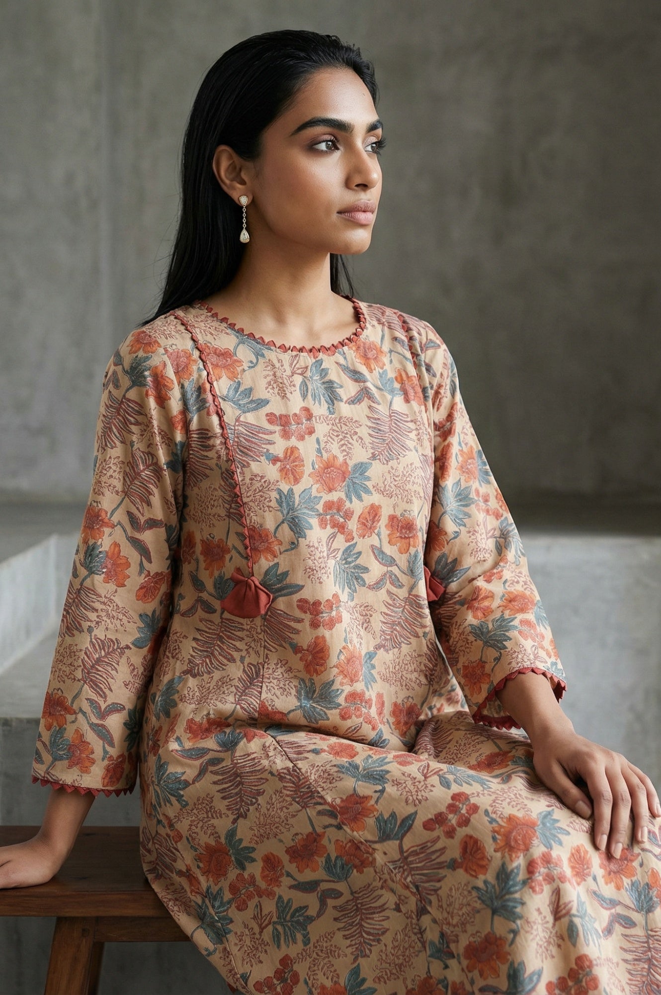 Beige Block Printed Tassel Pure Cotton A-line Kurta