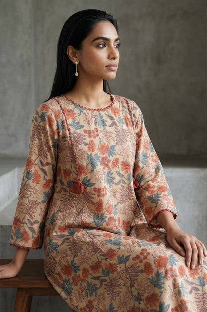 Beige Block Printed Tassel Pure Cotton A-line Kurta