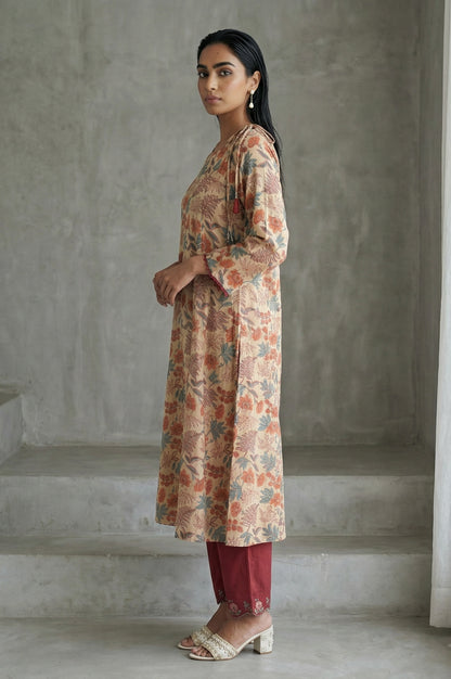 Beige Block Printed Tassel Pure Cotton A-line Kurta