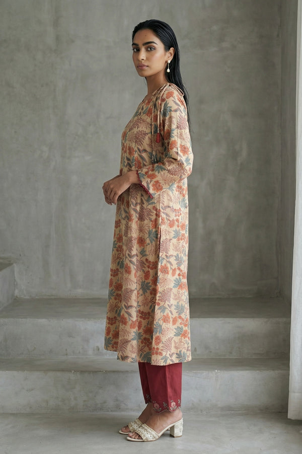 Beige Block Printed Tassel Pure Cotton A-line Kurta