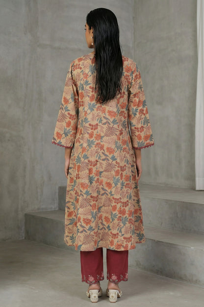 Beige Block Printed Tassel Pure Cotton A-line Kurta