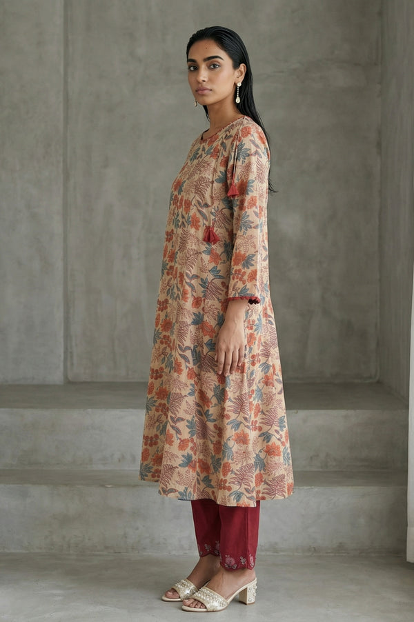 Beige Block Printed Tassel Pure Cotton A-line Kurta
