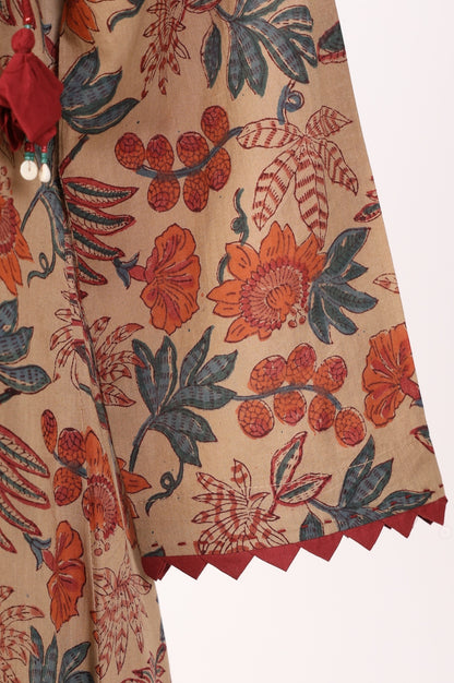 Beige Block Printed Tassel Pure Cotton A-line Kurta