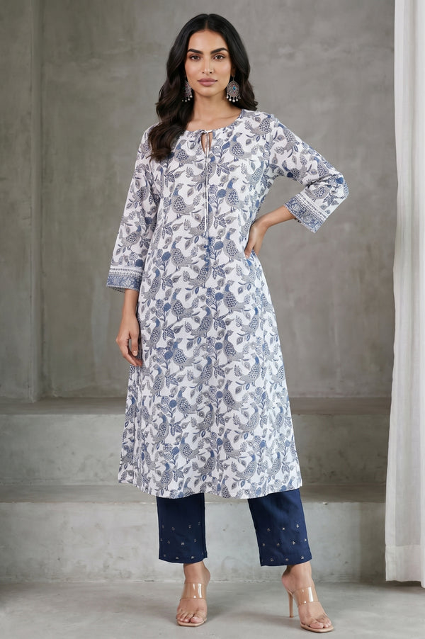 Folksong Women’s Off White Ethnic Motifs Cotton Blend A-line Kurta