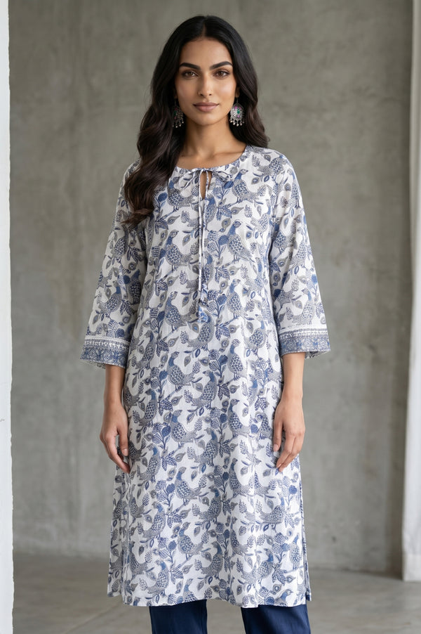 Folksong Women’s Off White Ethnic Motifs Cotton Blend A-line Kurta