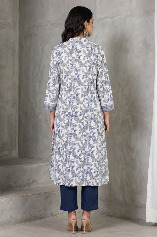 Folksong Women’s Off White Ethnic Motifs Cotton Blend A-line Kurta