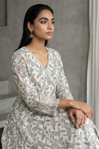 Off White Block Printed Pure Cotton Angrakha Kurta
