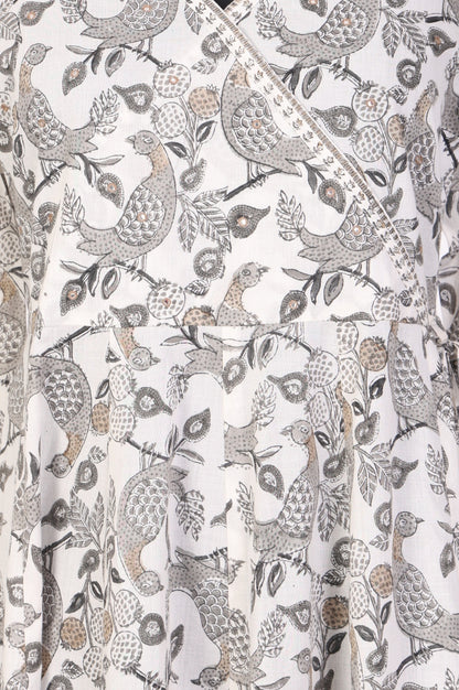 Off White Block Printed Pure Cotton Angrakha Kurta