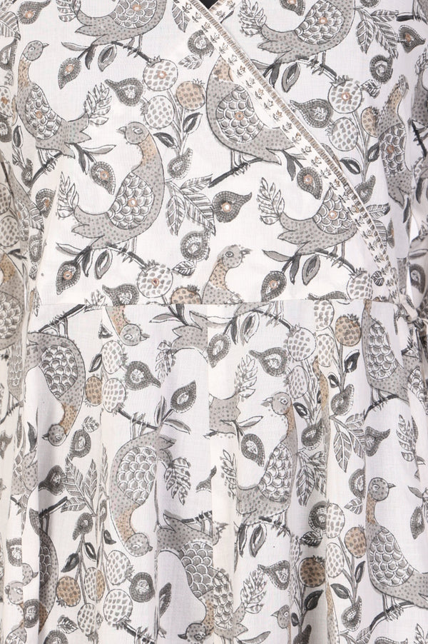 Off White Block Printed Pure Cotton Angrakha Kurta