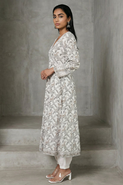 Off White Block Printed Pure Cotton Angrakha Kurta