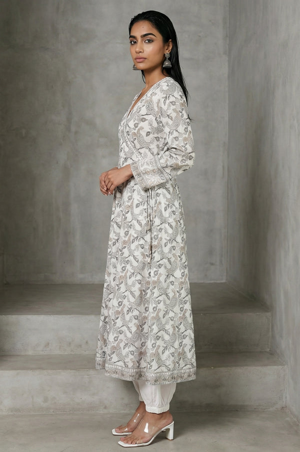Off White Block Printed Pure Cotton Angrakha Kurta