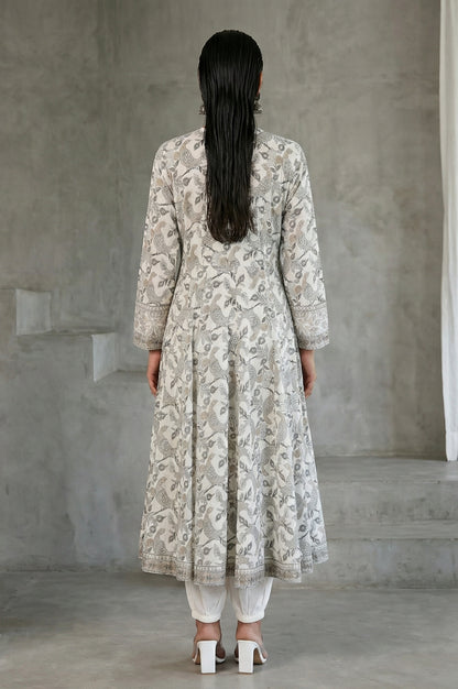 Off White Block Printed Pure Cotton Angrakha Kurta