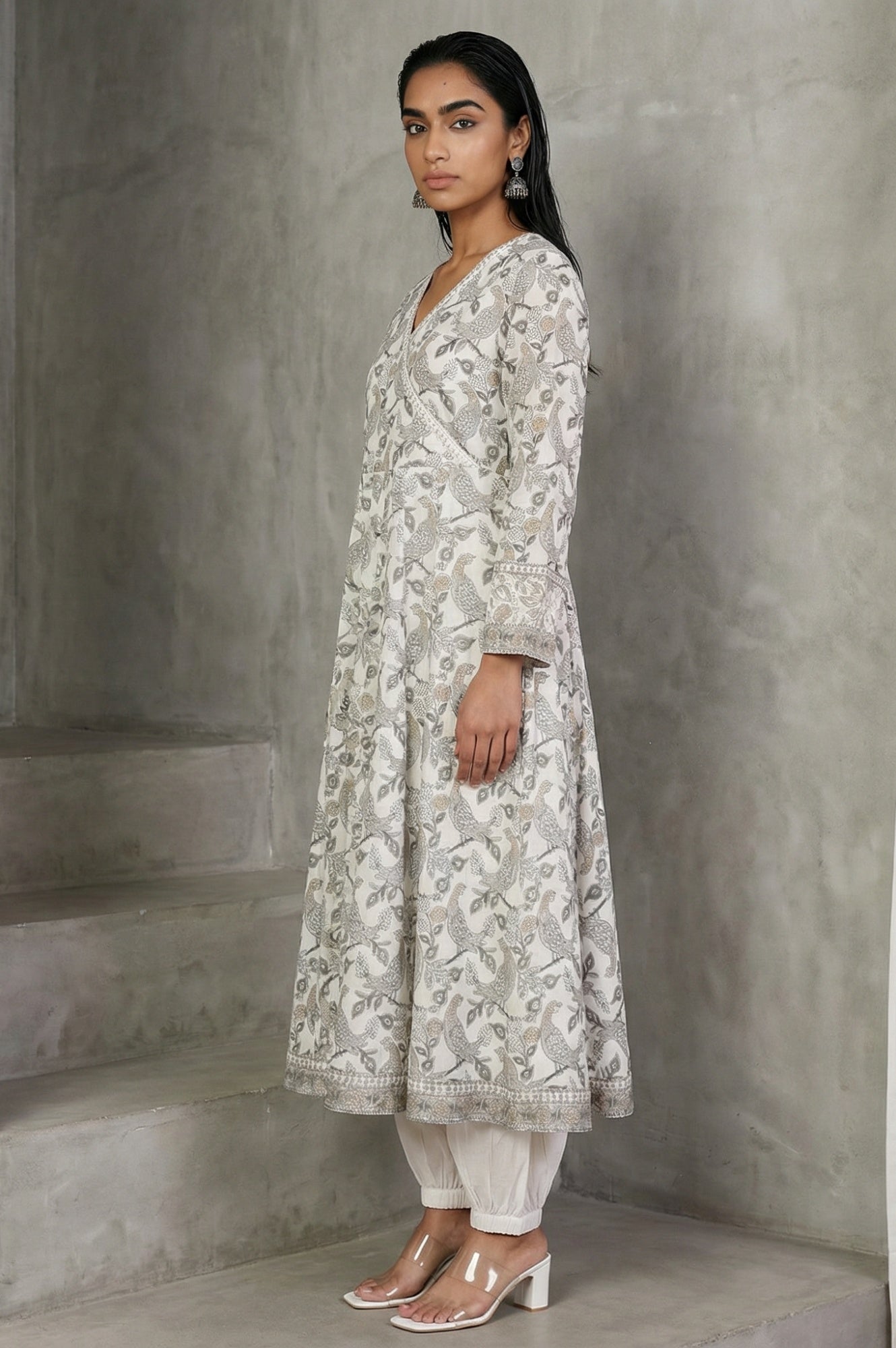Off White Block Printed Pure Cotton Angrakha Kurta