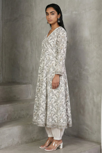 Off White Block Printed Pure Cotton Angrakha Kurta