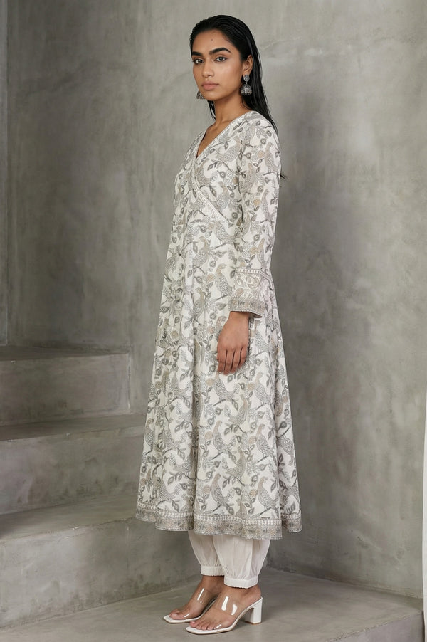 Off White Block Printed Pure Cotton Angrakha Kurta