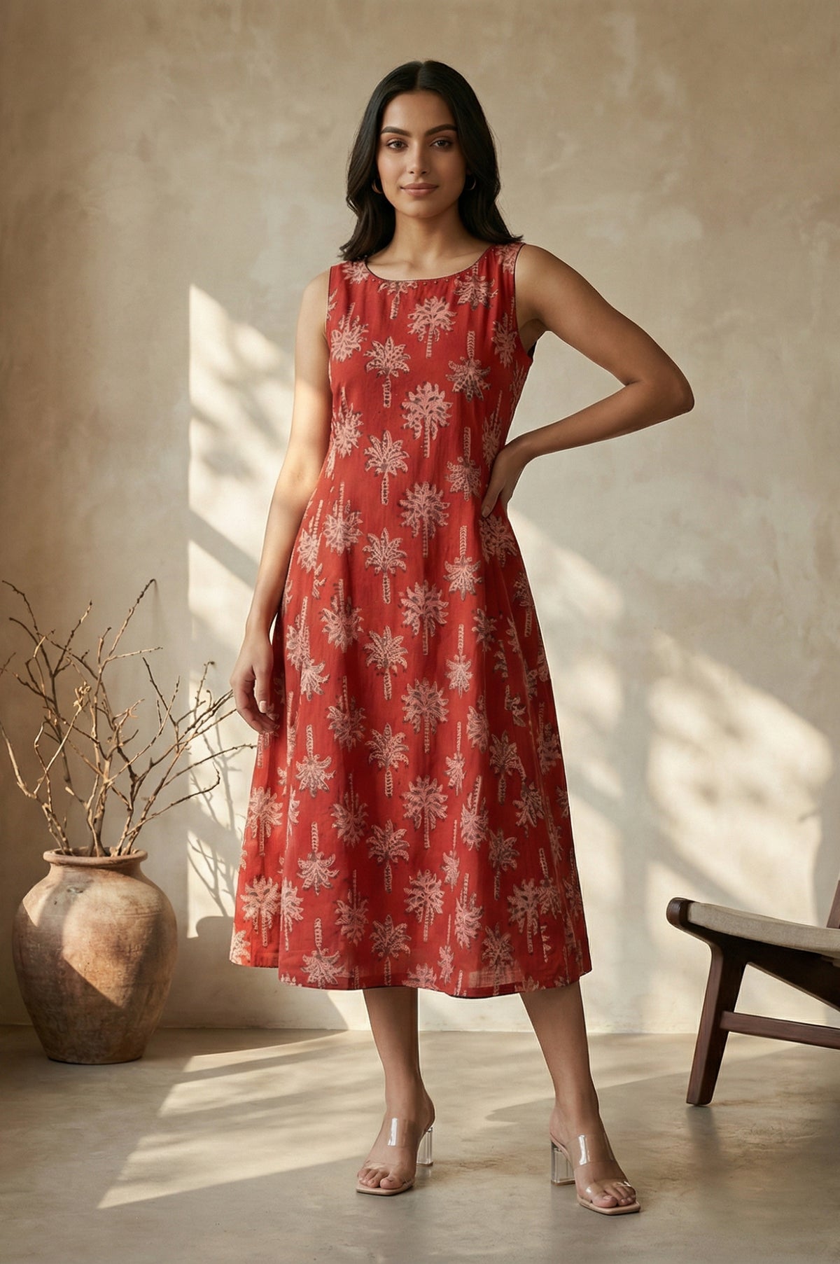 Red Floral Printed Pure Cotton A-line Dress - XS