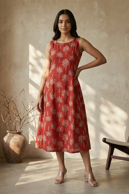 Red Floral Printed Pure Cotton A-line Dress