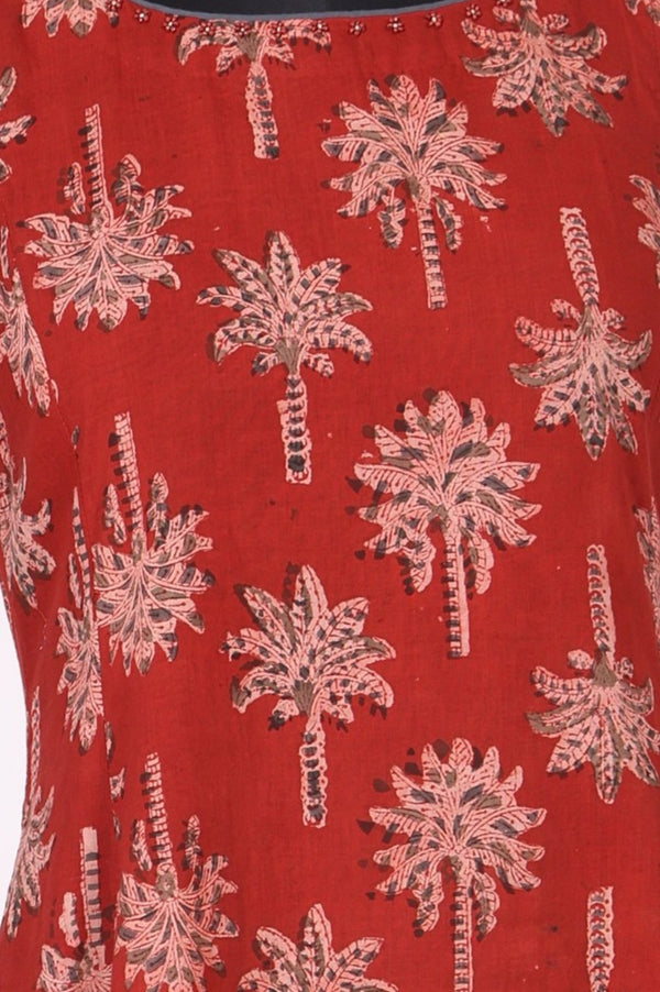 Red Floral Printed Pure Cotton A-line Dress