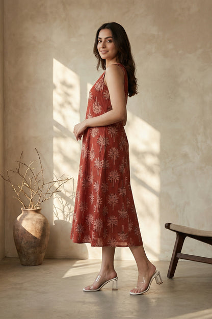 Red Floral Printed Pure Cotton A-line Dress