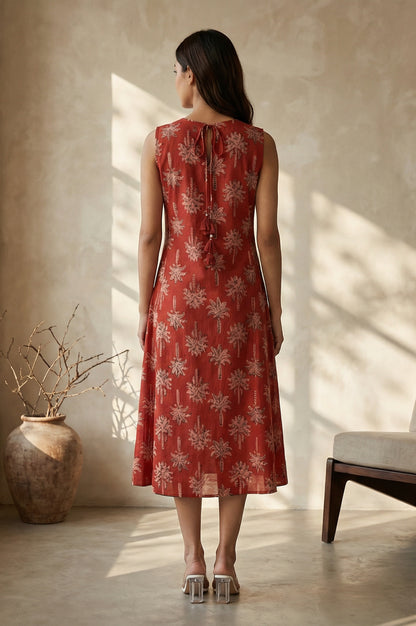 Red Floral Printed Pure Cotton A-line Dress