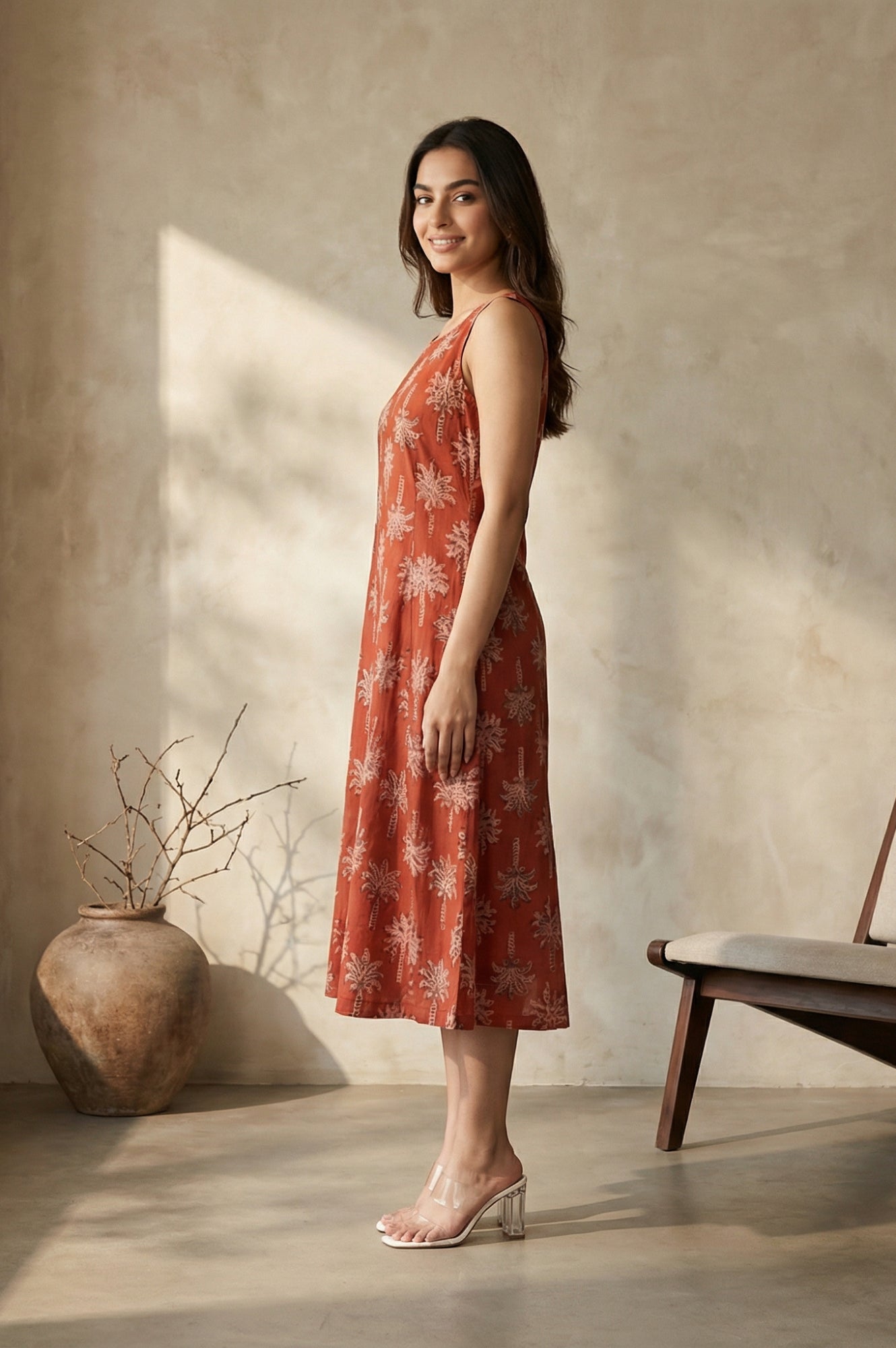 Red Floral Printed Pure Cotton A-line Dress