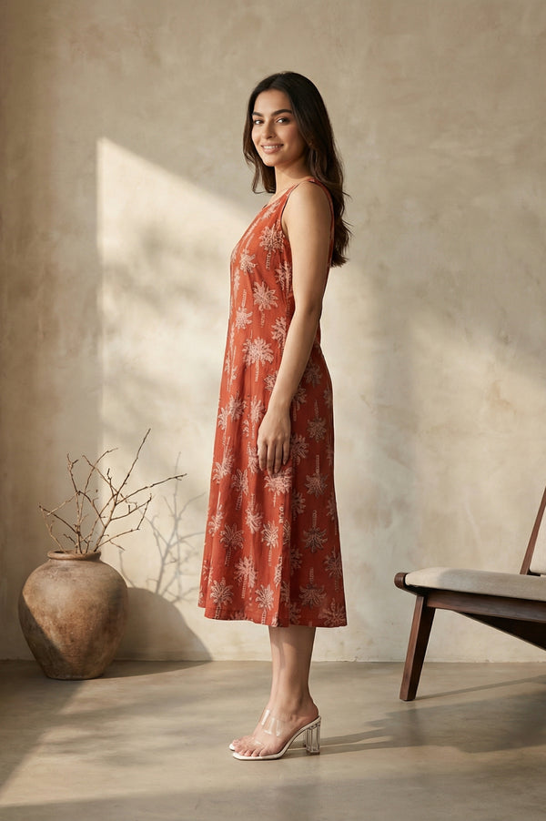 Red Floral Printed Pure Cotton A-line Dress