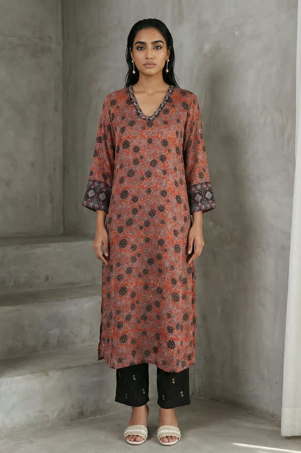 Brick Red Ajrak Printed Mirror Work Modal Satin Straight Kurta