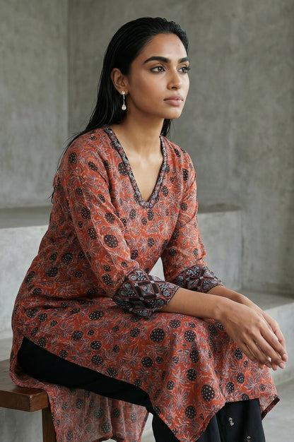 Brick Red Ajrak Printed Mirror Work Modal Satin Straight Kurta