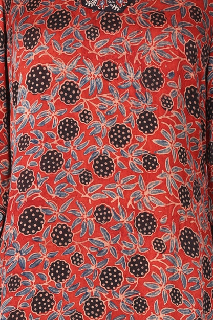 Brick Red Ajrak Printed Mirror Work Modal Satin Straight Kurta