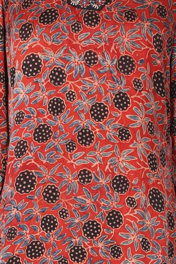 Brick Red Ajrak Printed Mirror Work Modal Satin Straight Kurta