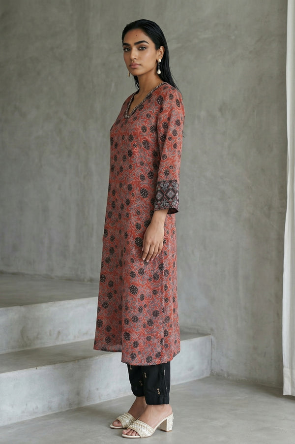 Brick Red Ajrak Printed Mirror Work Modal Satin Straight Kurta