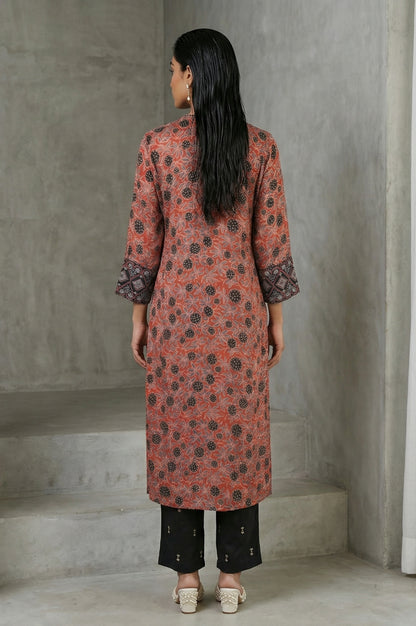 Brick Red Ajrak Printed Mirror Work Modal Satin Straight Kurta