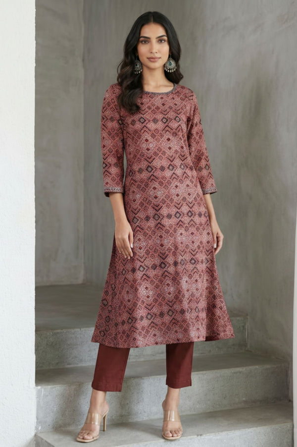 Red Geometric Printed Embroidered Modal Satin A-line Kurta