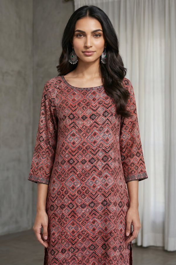 Red Geometric Printed Embroidered Modal Satin A-line Kurta