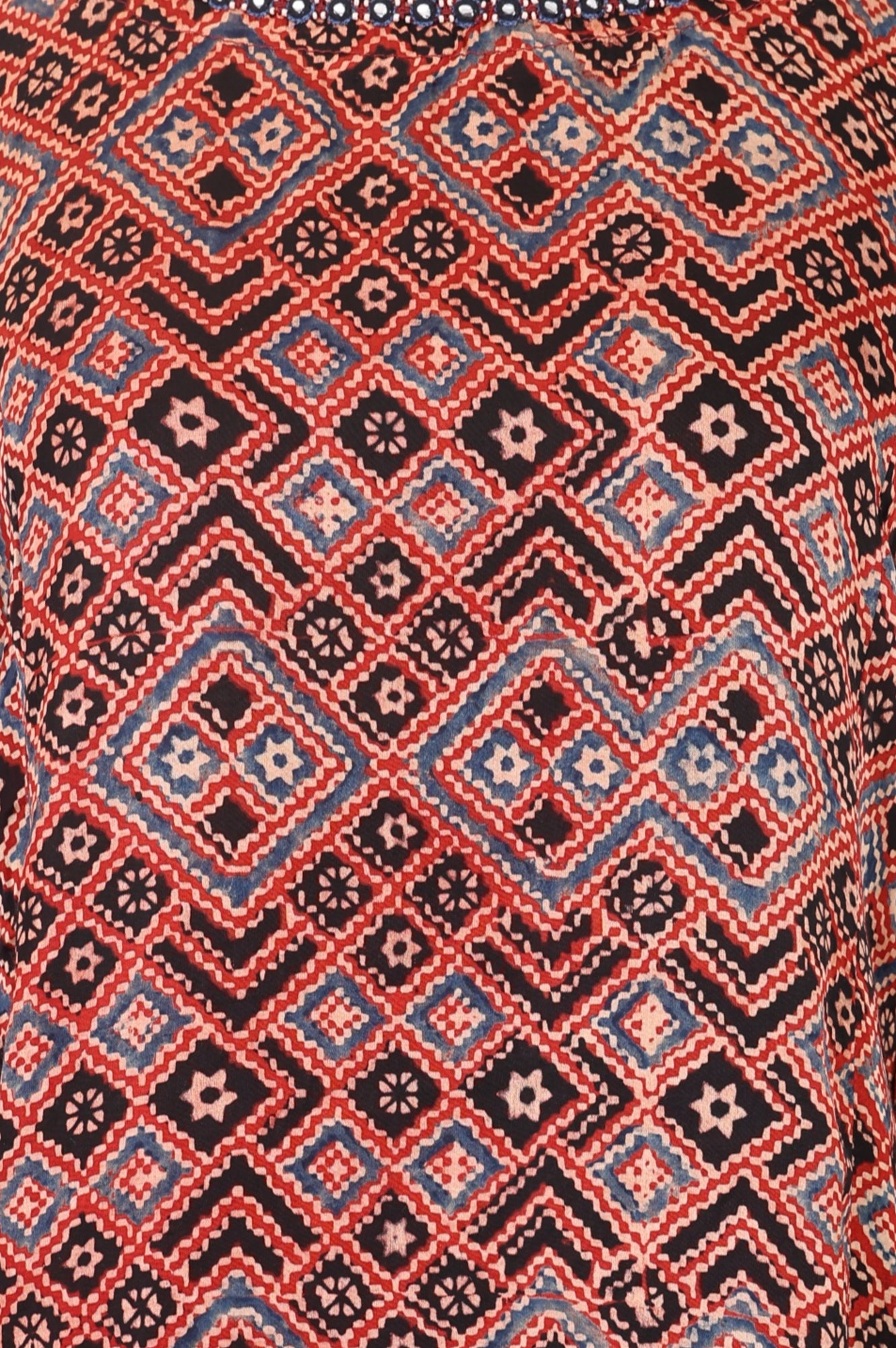 Red Geometric Printed Embroidered Modal Satin A-line Kurta