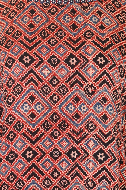 Red Geometric Printed Embroidered Modal Satin A-line Kurta