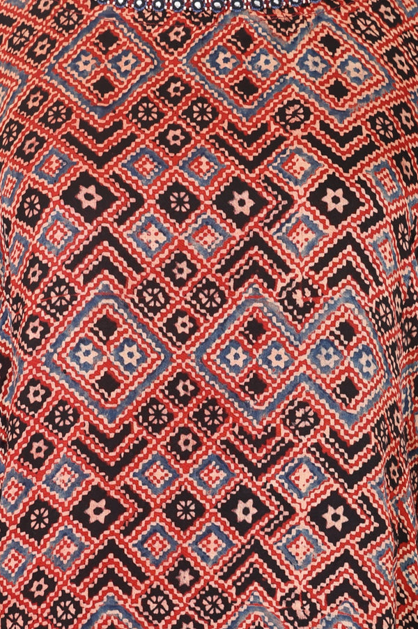 Red Geometric Printed Embroidered Modal Satin A-line Kurta