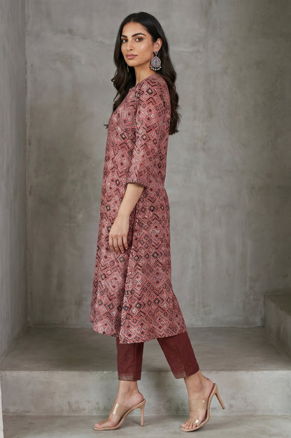 Red Geometric Printed Embroidered Modal Satin A-line Kurta