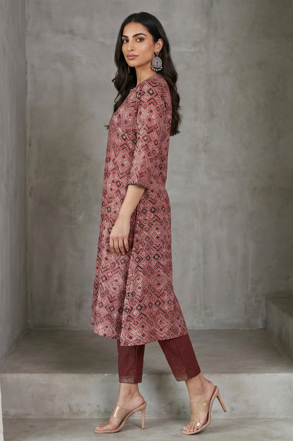 Red Geometric Printed Embroidered Modal Satin A-line Kurta