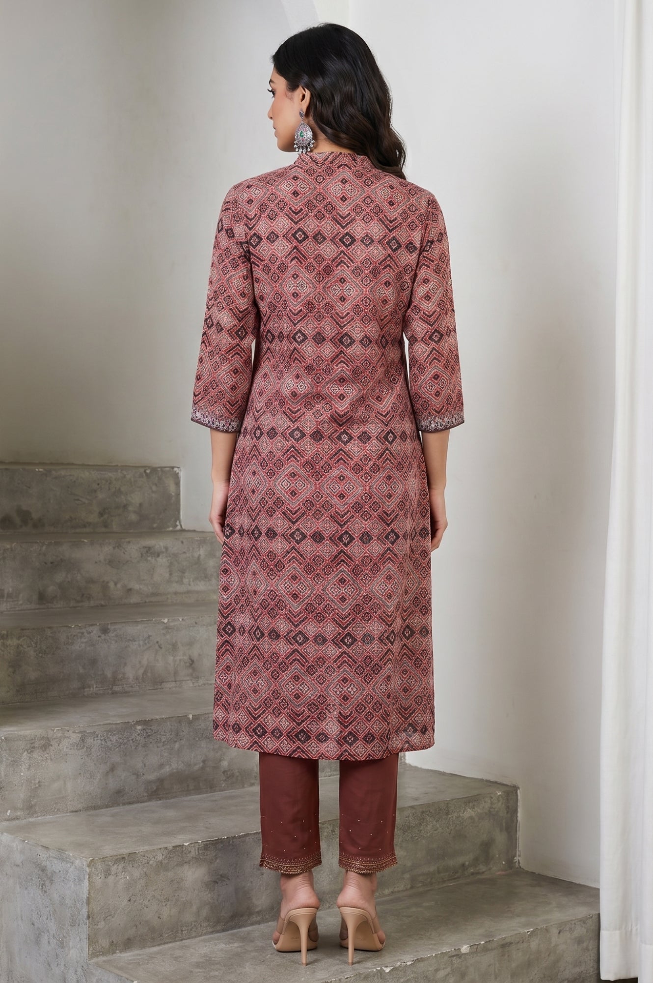 Red Geometric Printed Embroidered Modal Satin A-line Kurta