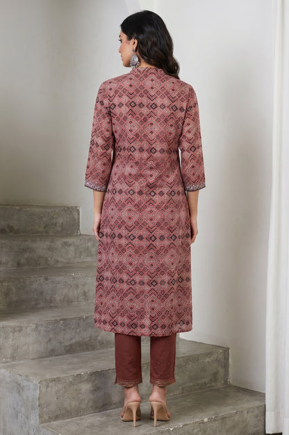 Red Geometric Printed Embroidered Modal Satin A-line Kurta