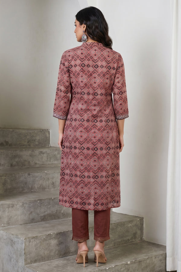 Red Geometric Printed Embroidered Modal Satin A-line Kurta
