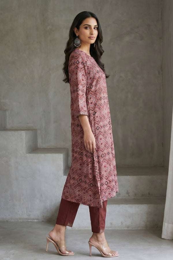 Red Geometric Printed Embroidered Modal Satin A-line Kurta