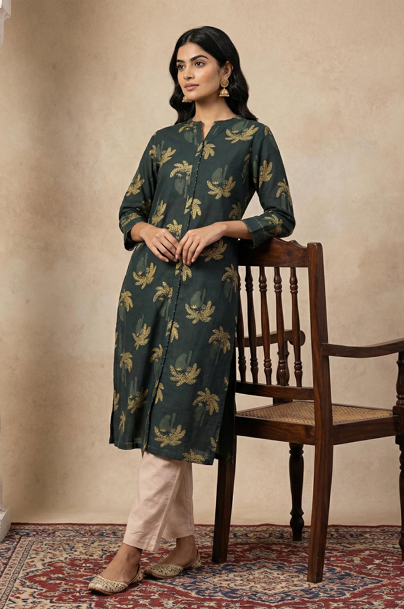 Green Botanical Printed Beadwork Pure Cotton Straight Kurta