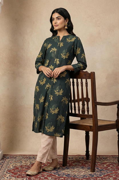 Green Botanical Printed Beadwork Pure Cotton Straight Kurta