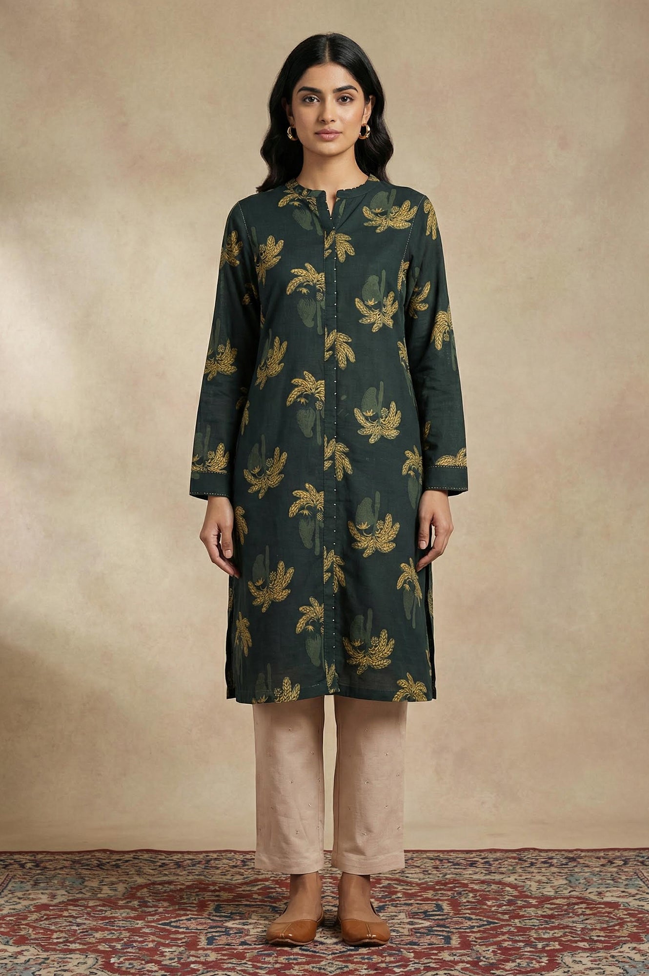 Green Botanical Printed Beadwork Pure Cotton Straight Kurta