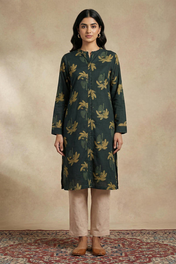 Green Botanical Printed Beadwork Pure Cotton Straight Kurta