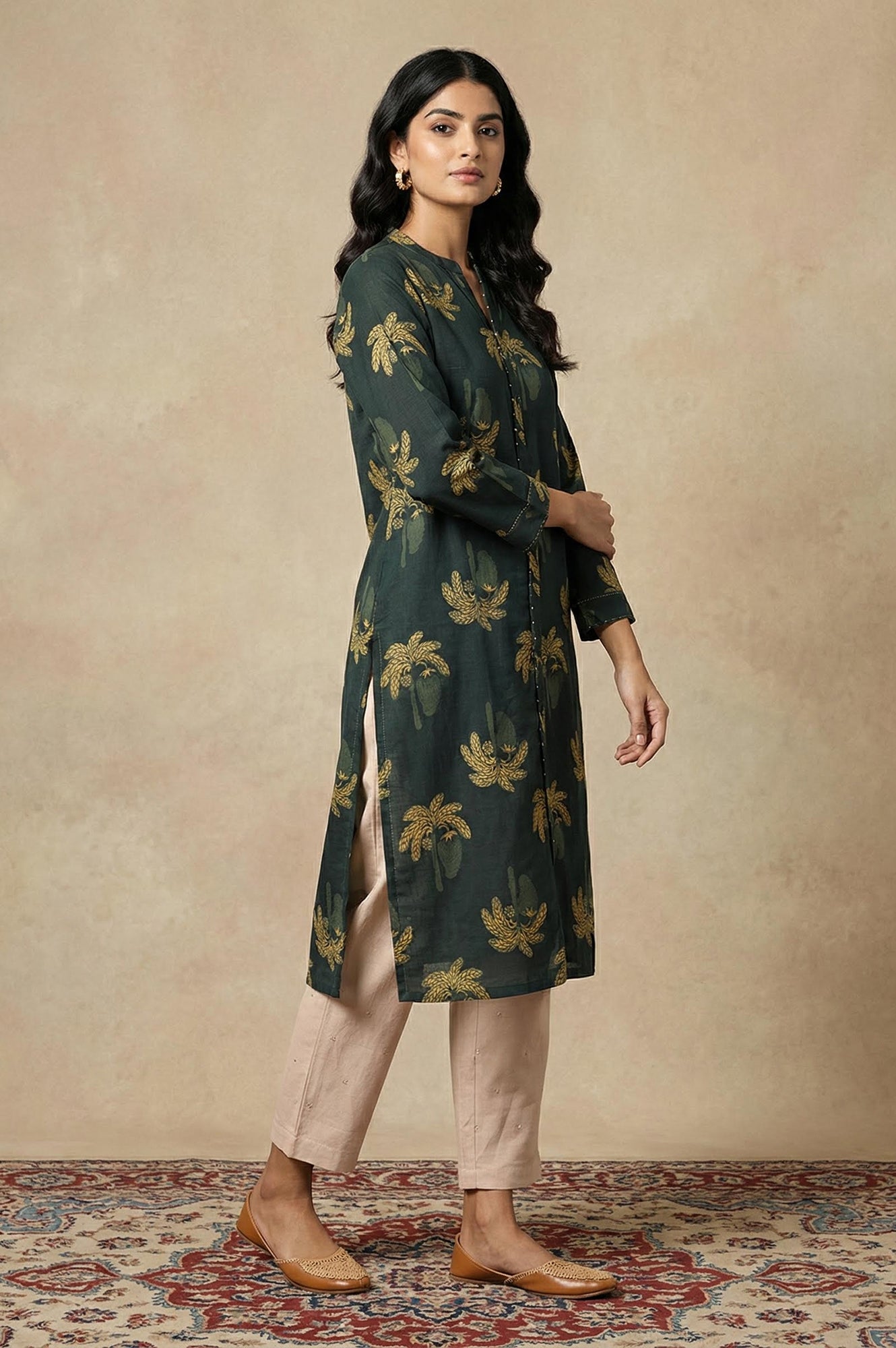 Green Botanical Printed Beadwork Pure Cotton Straight Kurta