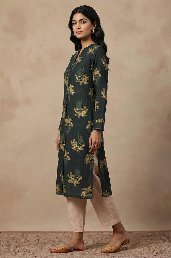 Green Botanical Printed Beadwork Pure Cotton Straight Kurta